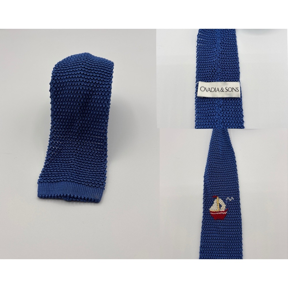 Ovadia & Sons Square Knit Tie Mens Blue Silk Sailboat Nauitcal Made In Italy
